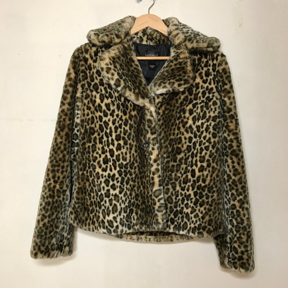 Victoria's Secret Sz S Faux Leopard Animal Print Fur Crop Jacket Lined & Pockets